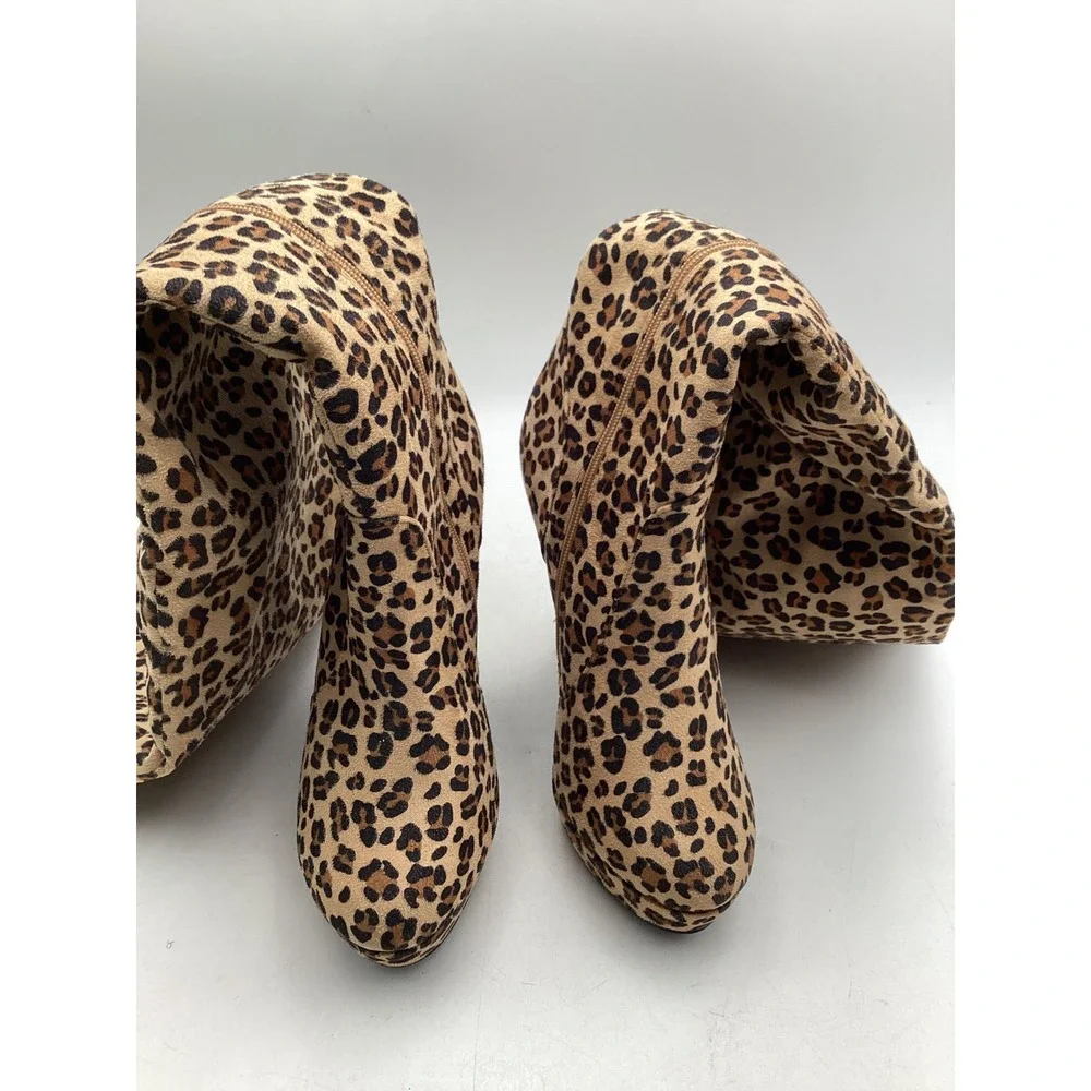AmiClubwear Leopard Print Over The Knee Platform Stiletto Boots Brown Tan Sz‎ 10